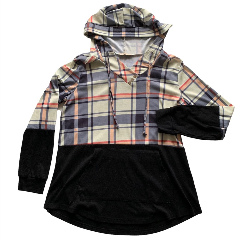 Miusey Plaid Black Colorblock Pullover Drawstring Hoodie Shirt